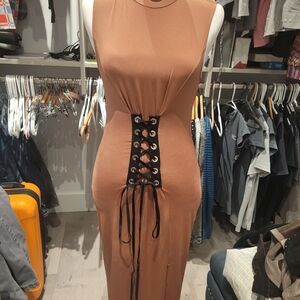 Forever 21 Tan,camel  Lace-Up Midi Dress